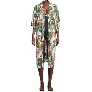 Lulla Collection by Bindya Kimono Cover Up Open Front Tropical White Green Large